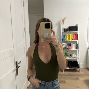 V neck open back body suit in forest green